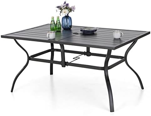 MFSTUDIO Patio Table for 6, Black Metal Dining Table w/Umbrella Hole by MFSTUDIO