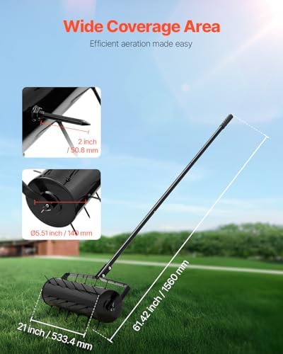 VEVOR Rolling Lawn Aerator, 21-inch Heavy-Duty Manual Rolling Aerator Lawn with Detachable Handle and 33 Iron Spikes, Rolling Lawn Aeration Tool for Garden Patio Yard Compacted Soils and Lawns, Black - Image 2