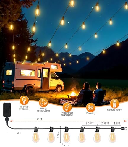 Tenmiro 50FT LED Outdoor String Lights with Remote,16+ 1 Shatterproof Bulbs Waterproof and Dimmable Patio Lights for Porch, Garden, Backyard, Deck, Balcony, Hanging Lighting Decor - Image 6