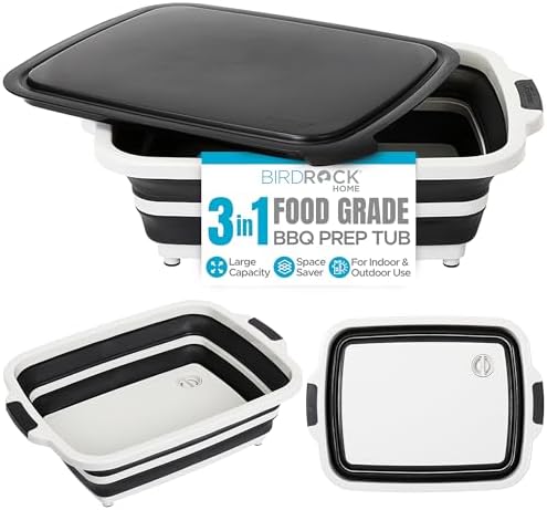 BIRDROCK HOME 11L Collapsible BBQ Prep Tub with Lid, Black, 19”L x 14”W by BIRDROCKHOME