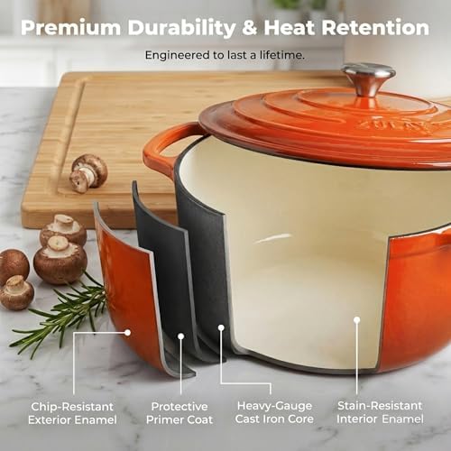 Zulay Kitchen 6 Quart Enameled Cast Iron Dutch Oven Pot with Lid – Premium Durability & Oven Safe up to 500°F – Heavy Duty Cookware Perfect for Bread Baking, Stews, Braising & Roasting – Orange - Image 6