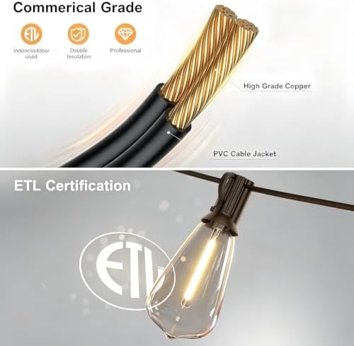 Outdoor String Lights, 100FT 52 LED ST38 Shatterproof Vintage Edison Bulbs - Image 5