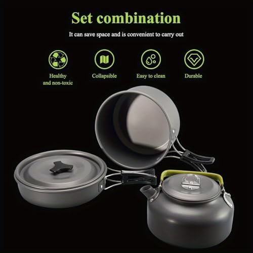 Portable Camping Cookware Set- Lightweight Aluminum Pot, Pan & Kettle with Foldable Handles for Backpacking, Hiking & Outdoor Cooking - Non-Stick, Space-Saving for 2-3 People - Image 4