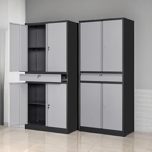 Letaya Metal Garage Storage Cabinet with Drawer,4 Door Tool Cabinet with Lock-2 Adjustable Shelves for Garage Home Office Utility Room (Black & Gray) - Image 2