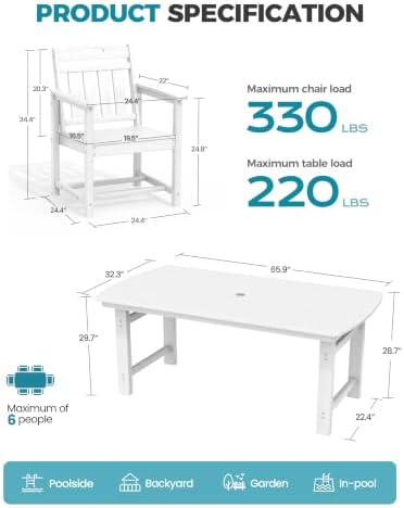 Ciokea HDPE Outdoor Dining Set of 4, Patio Table and Chairs Sets, White - Image 2