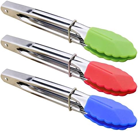 HINMAY 7-Inch Mini Tongs with Silicone Tips, Set of 3 (Green Red Blue) by HINMAY