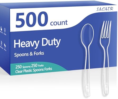 SACATR 500 Count Clear Plastic Silverware Heavy Duty -250 Forks, 250 Spoons by SACATR