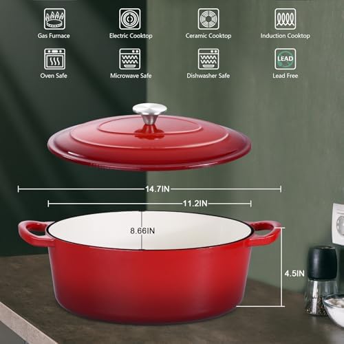 Leonyo 5-Quart Enameled Cast Iron Oval Dutch Oven Pot with Lid, Red - Image 2