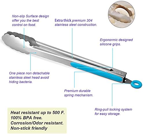 304 Stainless Steel Kitchen Cooking Tongs, 14 & 16 Inch, Set of 2, Blue - Image 5
