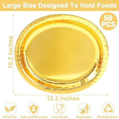 50 Pcs Foil Gold Disposable Oval Plates, 12.2" X 10.2" Large Paper Plates - Image 2