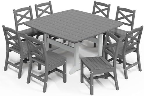 All Weather Patio Dining Table Set for 8, HDPE Heavy Duty Outdoor Rectangular Table & 8 Chairs, 9PCS Outdoor Furniture Set for Patio Garden Lawn, White and Grey - Image 2