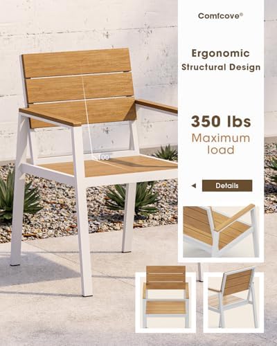 Outdoor Dining Chiars Set of 2, Aluminum Patio HDPS Outdooor Dining Chiars, All Weather Patio Furniture Set (White & Teak) - Image 2