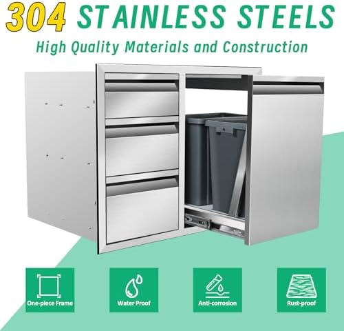 Outdoor Kitchen Door Drawer Combo Cabinet, 28" x 22" x 19.5" Right Trash Drawer Combo Cabinet & Built-in Triple Drawers for Patio Grill Station, Outdoor Kitchen Island - Image 3