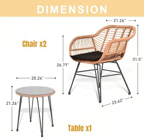 Tappio 3 Piece Outdoor Wicker Furniture Patio Bistro Set, Balcony Furniture Rattan Conversation Sets, Outdoor Patio Chairs Set for Porch Poolside Garden, Black - Image 4