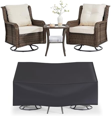 Wumiokio Patio Furniture Sets, 3 Pieces Wicker Outdoor Furniture - 360 Degree Swivel Rocking Chairs and Rattan Side Table for Garden,Porch,Backyard (Brown Wicker/Beige Cushion, 3PCS - Swivel Chairs) by Wumiokio