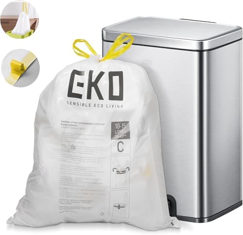 EKO 4 Gallon / 10-15 Liter, 80 Count Small Drawstring Trash Bags, Extra-Strong Unscented Garbage Bags, Easy-Dispense Roll for Kitchen & Household Use, Resists Tears, Leaks and Punctures, Code C, White - Image 7