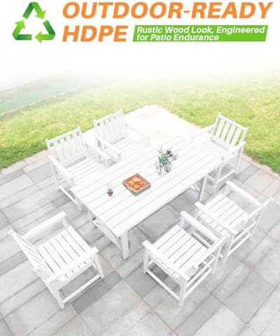 7 Pieces HDPE Outdoor Dining Set, Patio Dining Set with Umbrella Hole, All Weather Outdoor Dining Table Sets for 6, HDPE Patio Furniture Sets for Deck, Backyard, Lawn, and Poolside, Pearl - Image 5