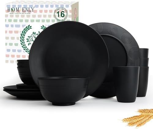 Homienly 16-Piece Wheat Straw Dinnerware Sets, Reusable Unbreakable Plates and Bowls Sets,Cups,Service for 4, Premium Dishwasher and Microwave Safe Dish Sets for Kitchen,Outdoor - Black by HOMIENLY
