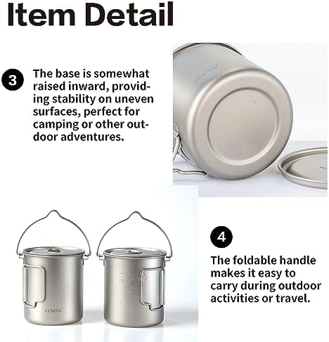 750ml/26oz Titanium Camping Pot with Lid and Foldable Handle, Ultralight Camping Mug for Hiking, Backpacking, Outdoor Cooking, and Travel - Image 4
