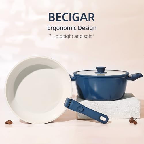 BECIGAR 23pcs Ceramic Pots and Pans Set, Nonstick Detachable Handle Cookware, Induction Kitchen Cooking Set, Include Frying Pans & Saucepans Oven Safe(Blue) - Image 4