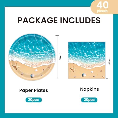 40Pcs Beach Plates and Napkins Party Supplies, Disposable Ocean Waves Birthday Plates Napkins Tableware Set for Hawaiian Ocean Themed Party Decorations (Beach) - Image 2