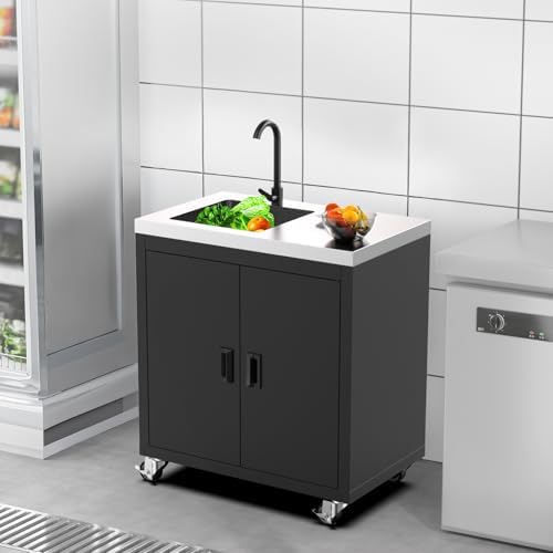 ROVSUN Stainless Steel Utility Sink with Cabinet & Wheels, Outdoor Heavy-Duty Freestanding Prep Grill Cart Sink for Backyard, Kitchen, Garage, Laundry, Garden Use 34.5" D x 19.6" W x 35.4" H - Image 2
