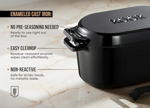 Kook Oval Dutch Oven, for Bread Baking, Sourdough Loaf Pan, with Lid, Dual Handles, Enameled Cast Iron, includes Lid Lever, Dishwasher Safe, 3.4 Qt, Black - Image 5