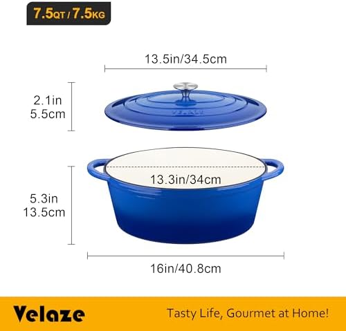 Velaze 7.5 QT Oval Enameled Cast Iron Dutch Oven Pot with Lid,Blue - Image 2