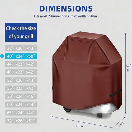 BBQ Gas Grill Cover for Outdoor, Anti-UV, Rip-Proof, 600D Oxford Fade Resistant Material, Barbecue Cover with Hook and Loop Straps & Adjustable Hem Drawstring (Reddish Brown, 40”x24”x50”) - Image 2