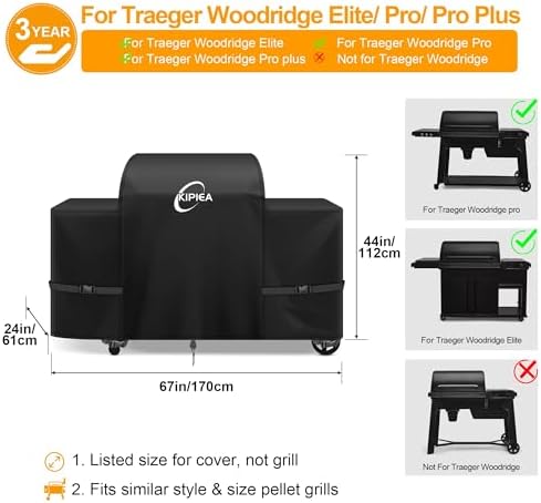 Kipiea 600D Heavy Duty Grill Cover for Traeger Woodridge Elite/Pro/Pro+, Waterproof Wood Pellet Smoker Cover & Windproof Buckles, Pellet BBQ Grill Covers for Outside Anti-UV, No Tear, No Fading - Image 2