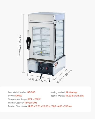 VEVOR 5-Tier Commercial Food Warmer Display, 1200W Food Display Warmer with LED Light, Adjustable Shelf & Stainless Steel Frame, 86℉~230℉ Steam Heating, 120L for Hamburger, Pizza, Bread, Fried Chicken - Image 7