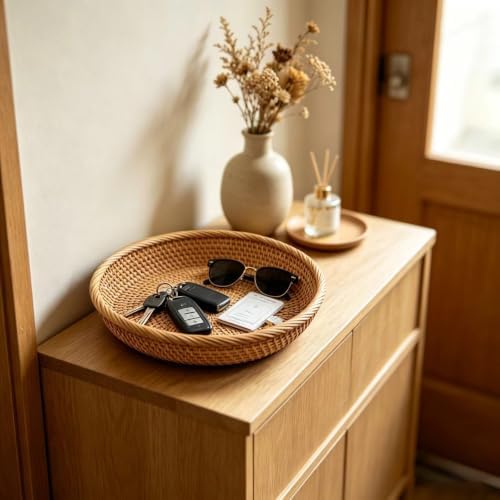 RT&BS Round Rattan Bread Basket, Rattan Fruit Basket, Rattan Decorative Tray, Rattan Keys Tray, Handwoven Storage Baskets for Kitchen, Dining Room, Store, Restaurant, Bathroom (M) - Image 5