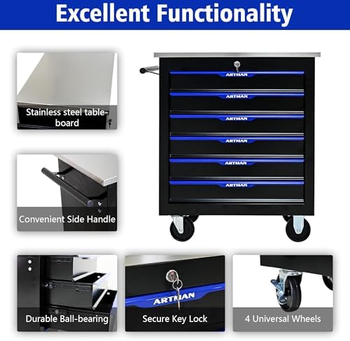6-Drawer Heavy-Duty Rolling Steel Tool Cart with Handle&Wheels, Metal Storage Organizer Cabinet, Tool Chest for Efficient Tool Storage in Garage, Warehouse, Workshop, Repair Shop, Blue - Image 5