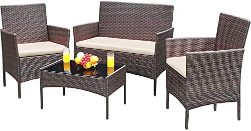 Greesum Patio Furniture 4 Pieces Conversation Sets,Brown and Beige by BuynowfromGreesum