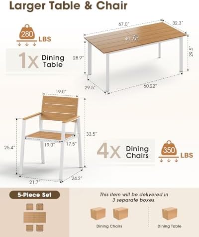 Outdoor Dining Set for 8, Aluminum Patio HDPS Outdooor Table and Chairs Set with Umbrella Hole, All Weather Patio Furniture Set, 10 Peice Patio Dining Table Set (White & Teak) - Image 2