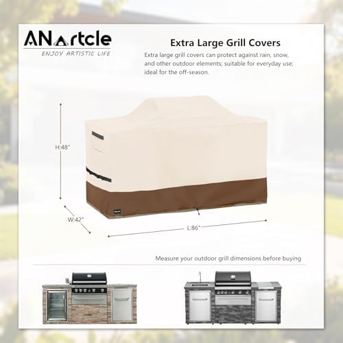 ANartcle Waterproof Extra Large Grill Cover for 86 Inch Island with Center Grill Head,600D Heavy Duty Waterproof All Weather Outdoorbar Island Kitchen Covers,Beige - Image 2