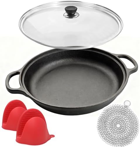 Cast Iron Skillet - Flat Bottomed Frying Pan with Assist Handles,Round Tempered Glass Lid, Cast Iron Scrubber,Silicone Oven Mitts for Stovetop,home baking ﻿ (8.5 inch) by Unknown