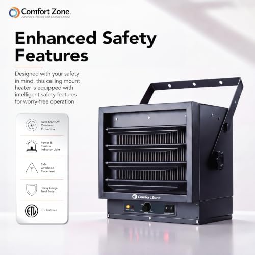 Comfort Zone Hard-Wired Ceiling Mount Garage Electric Space Heater, Fan-Forced, 5,000 watt, 240 volt, Overheat Protection, Thermal Cut-Out Switch, Ideal for Workshop & Garage, ETL Compliant, CZ220BK - Image 6