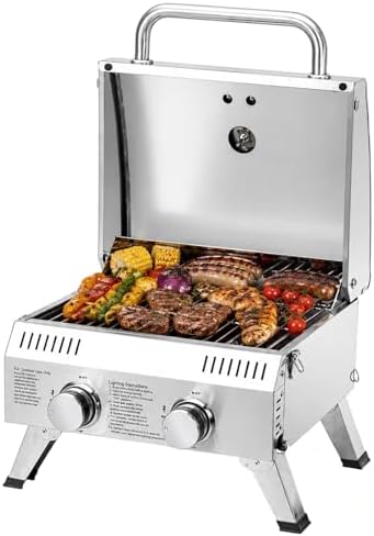 Bonnlo 2 Burner Portable Gas Grill, 20,000 BTU Tabletop Camping Grill with Ignition & Lockable Lid, Stainless Steel Propane Grill with Foldable Legs & Thermometer for Outdoor Patio BBQ RV Use by Bonnlo
