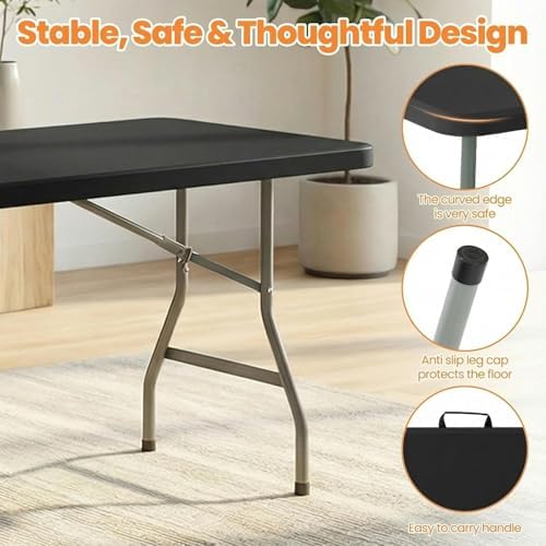 8 FT Folding Table Set with 6 Black Plastic Folding Chairs for 6 - Image 4