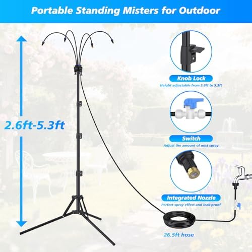Standing Misters for Outside Patio - Adjustable Height Stand Misting system for Cooling Outdoor, 26.5FT Portable Water Mister for Garden Backyard BBQ Party Tanning Pool Beach Cooling & Water Playing - Image 2