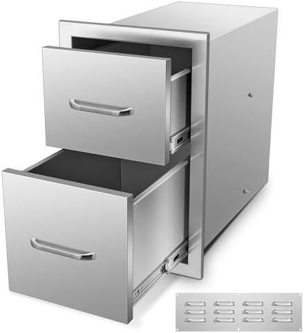 FOHERE Outdoor Kitchen Drawers Stainless Steel 2-Drawer 13" W x 20.5" H x 20.9" D, Built-in Drawer Flush Mount Double BBQ Access Drawers for BBQ Islands and Patio Grill Areas by HOME