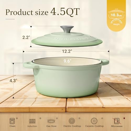 Overmont Enameled Cast Iron Dutch Oven - 4.5QT Pot with Lid Cookbook & Cotton Potholders - Heavy-Duty Cookware for Braising, Stews, Roasting, Bread Baking Verdant - Image 4