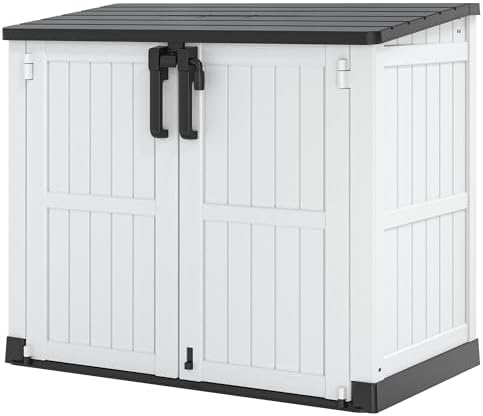 Plastic Outdoor Storage Shed, 36 Cu Ft Waterproof Outdoor Storage Cabinet with Dual Lock Door for Backyard, Patio, Garage, Garden to Store Tools & Accessories, Wood-Grain (Ashen-Black) by WTFGO