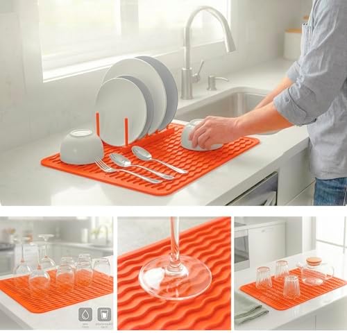 MicoYang Silicone Dish Drying Mat — Quick-Dry Ridges Counter & Sink Pad, Heat-Resistant Trivet to 450°F, Non-Slip & Dishwasher Safe, Roll-Up Storage, 18 Colors & 9 Sizes (Orange, 16"×12") - Image 4