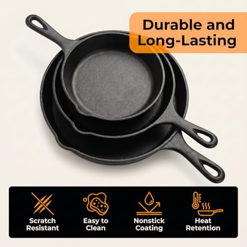Jeffbaubl 3 Pcs Cast Iron Skillet, Frying Pan Set, 6, 8, 10 Inch - Image 3