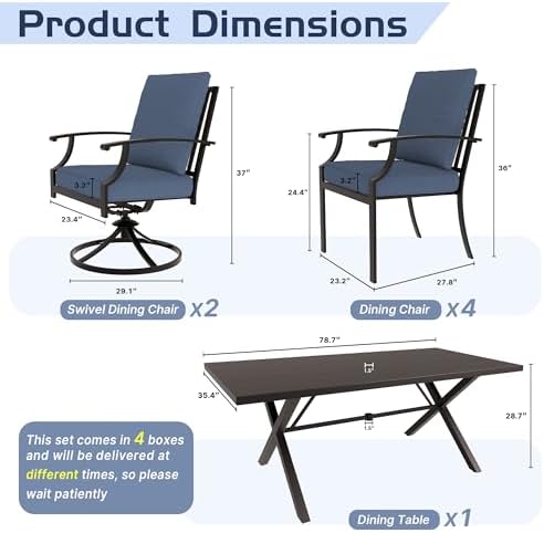ALAULM 7-Piece Patio Dining Table and Chairs for 6 Outdoor Dining Set with 2 Swivel Chairs Patio Dining Sets with Rectangular Metal Table with Umbrella Hole for Patio, Backyard, Garden-Dark Blue - Image 6