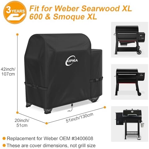 Kipiea 600D Heavy Duty Pellet Grill Cover for Weber Searwood XL 600 & Smoque XL, Waterproof Wood Pellet Smoker Cover with Windproof Buckles, UV Resistant, No Tear, No Fading - Image 2