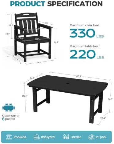 Ciokea HDPE Outdoor Dining Set of 6, Patio Table and Chairs Sets, Black - Image 2