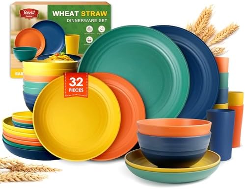 Teivio 32-Piece Plates and Bowls Sets for 8, Wheat Straw Dinnerware Sets by Teivio